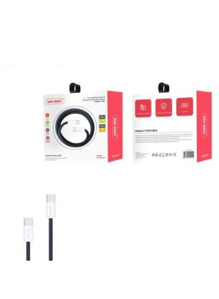 فين ديونز كابل VEN-DENS USB-C إلى USB-C للشحن السريع ونقل البيانات، كابل متين مضفر من النوع C للهواتف الذكية والأجهزة اللوحية وأجهزة الكمبيوتر المحمولة - أسود - Image 1